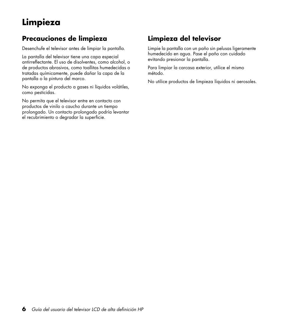 Limpieza, Precauciones de limpieza, Limpieza del televisor | Precauciones de limpieza limpieza del televisor | HP LC3760N User Manual | Page 140 / 186