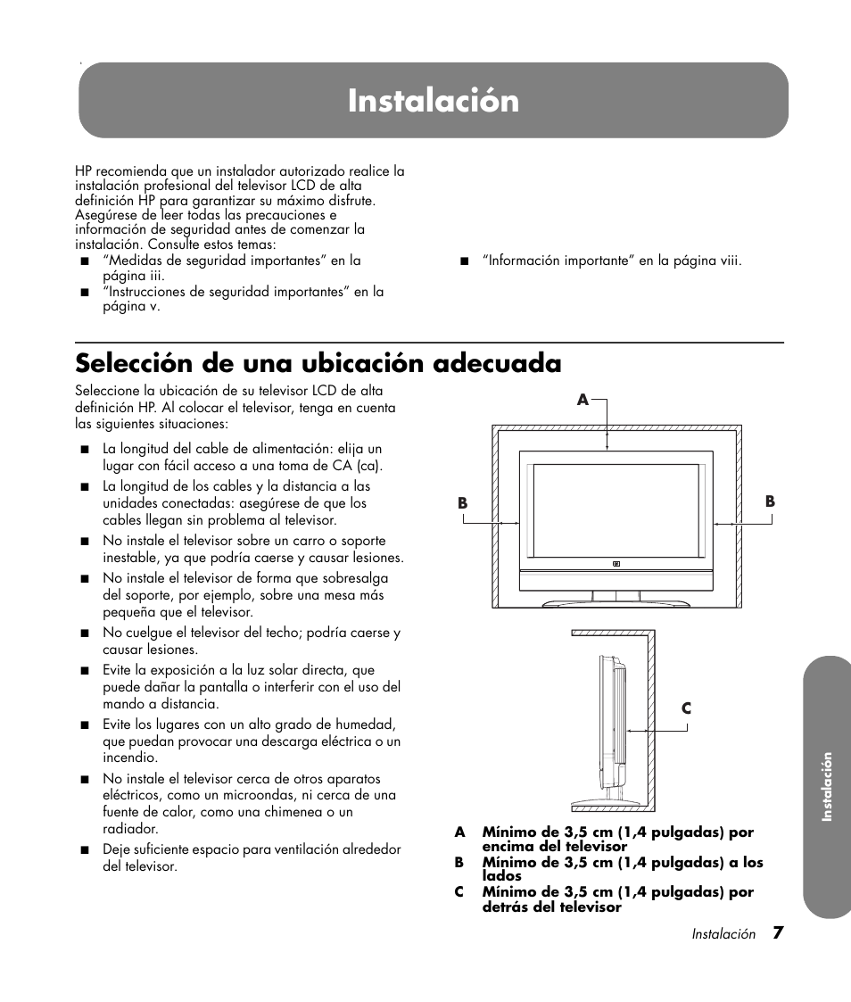 Instalación, Selección de una ubicación adecuada | HP LC3760N User Manual | Page 141 / 186