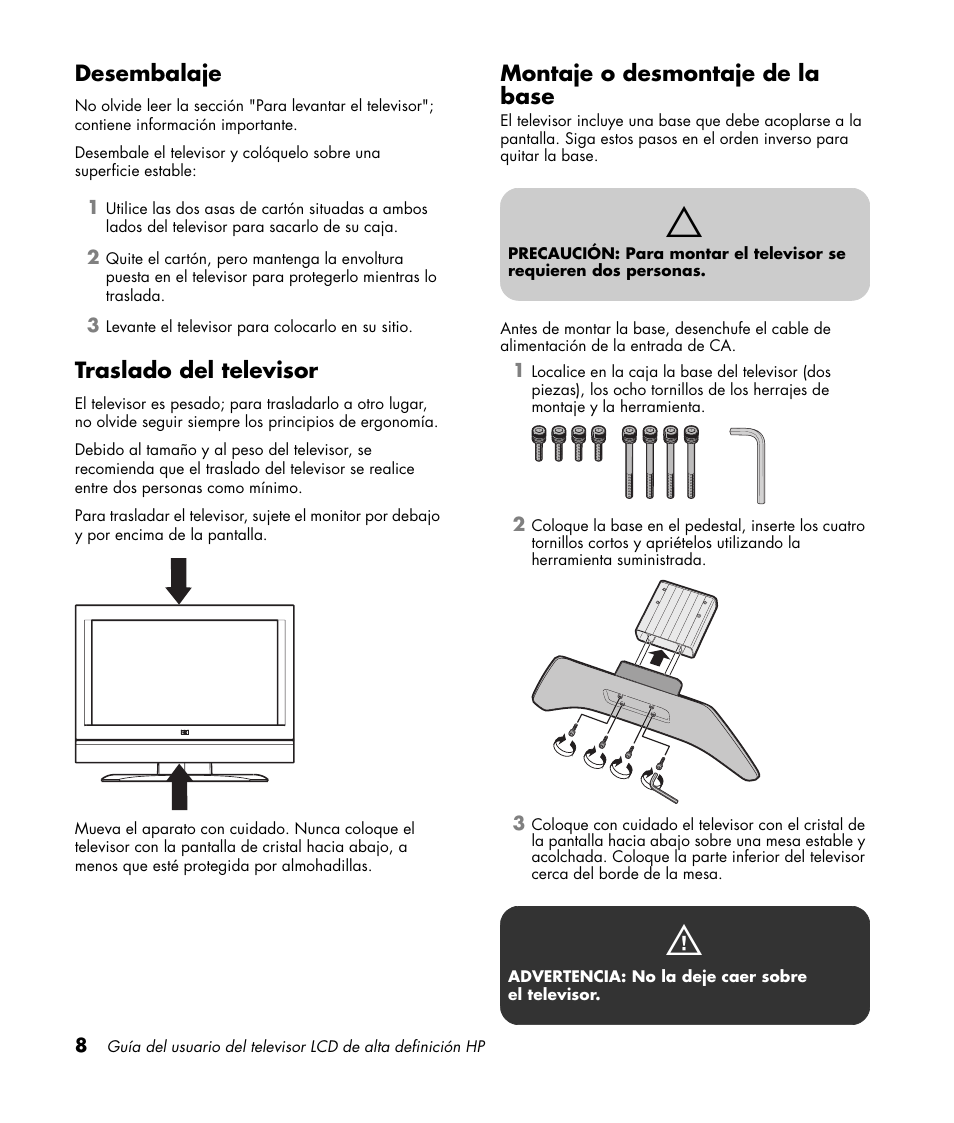 Desembalaje, Traslado del televisor, Montaje o desmontaje de la base | HP LC3760N User Manual | Page 142 / 186