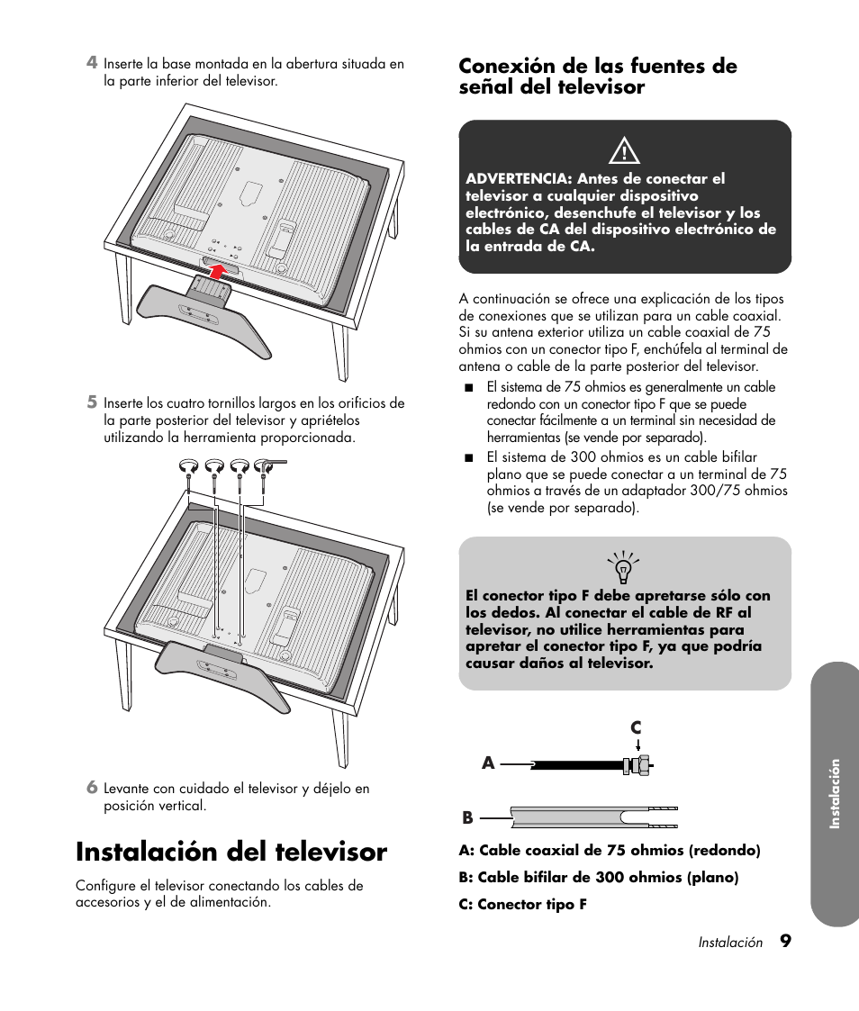 Instalación del televisor, Conexión de las fuentes de señal del televisor | HP LC3760N User Manual | Page 143 / 186