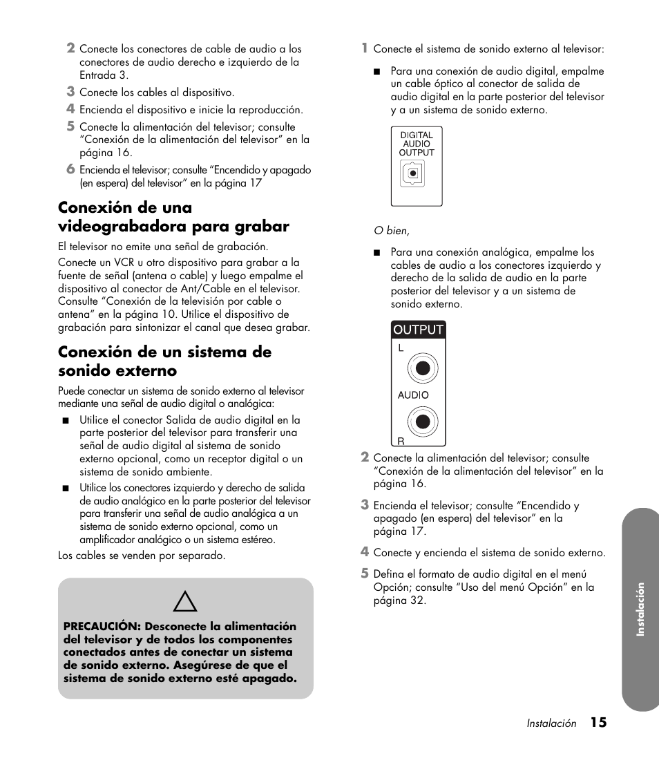 Conexión de una videograbadora para grabar, Conexión de un sistema de sonido externo | HP LC3760N User Manual | Page 149 / 186