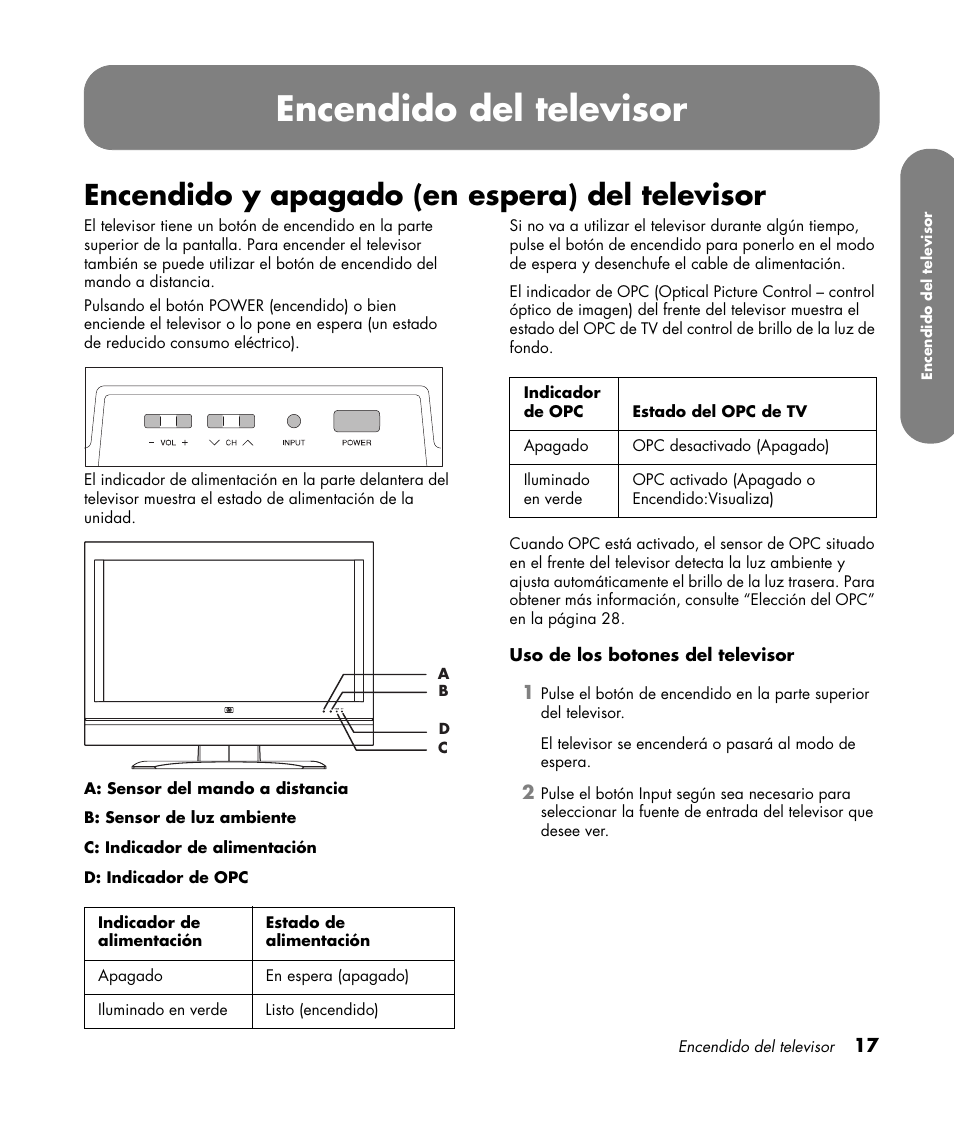 Encendido del televisor, Encendido y apagado (en espera) del televisor | HP LC3760N User Manual | Page 151 / 186