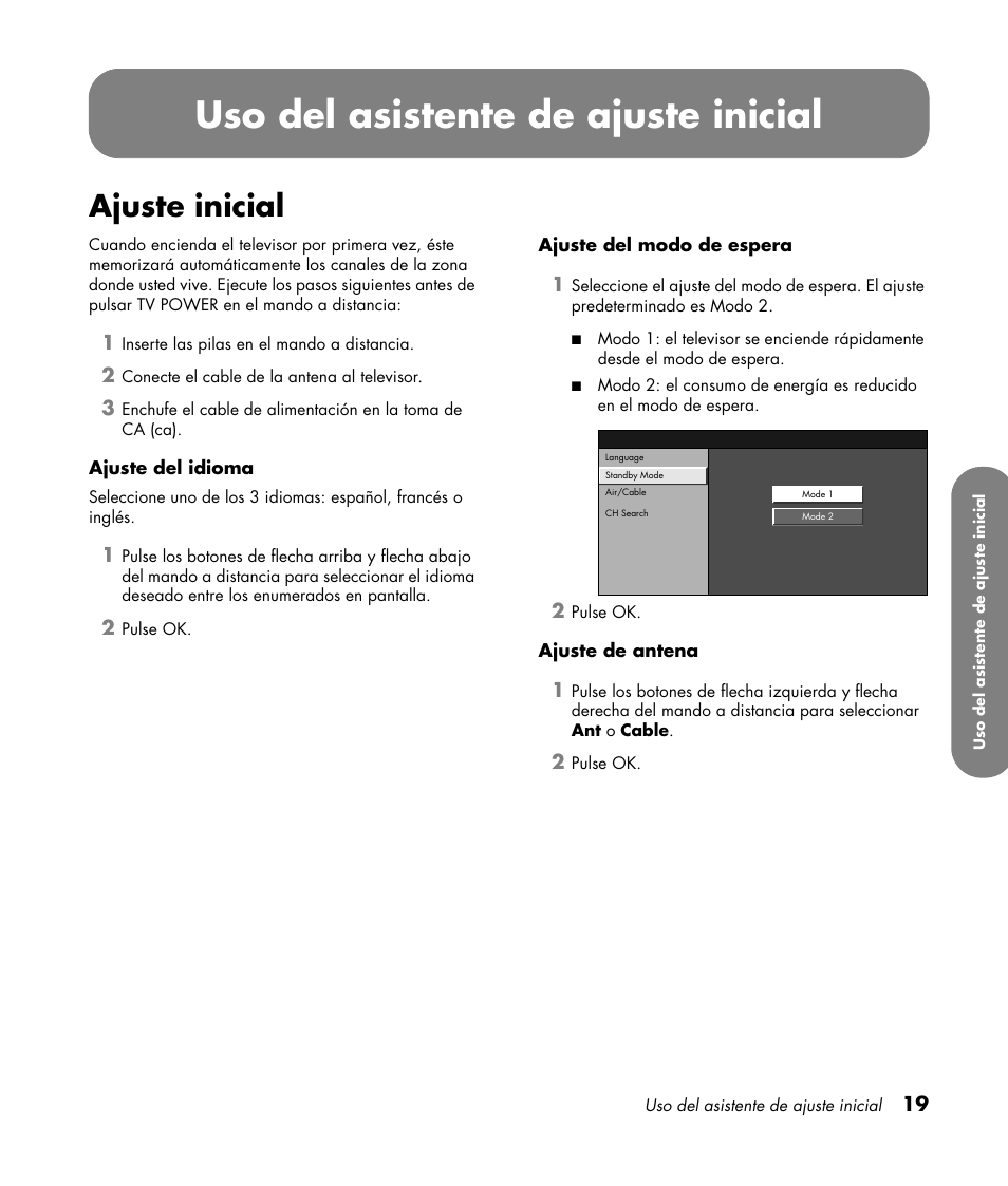 Uso del asistente de ajuste inicial, Ajuste inicial | HP LC3760N User Manual | Page 153 / 186