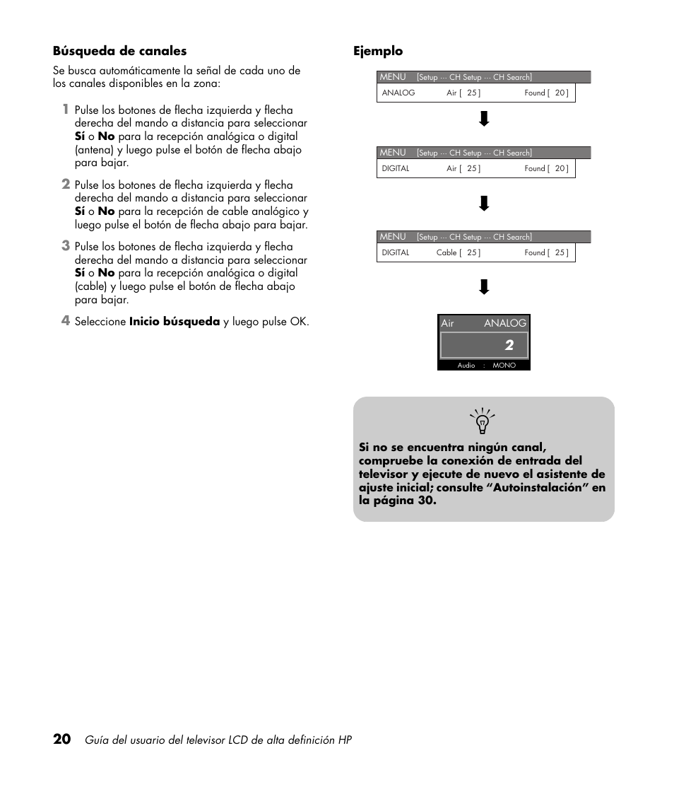 Búsqueda de canales, Ejemplo | HP LC3760N User Manual | Page 154 / 186