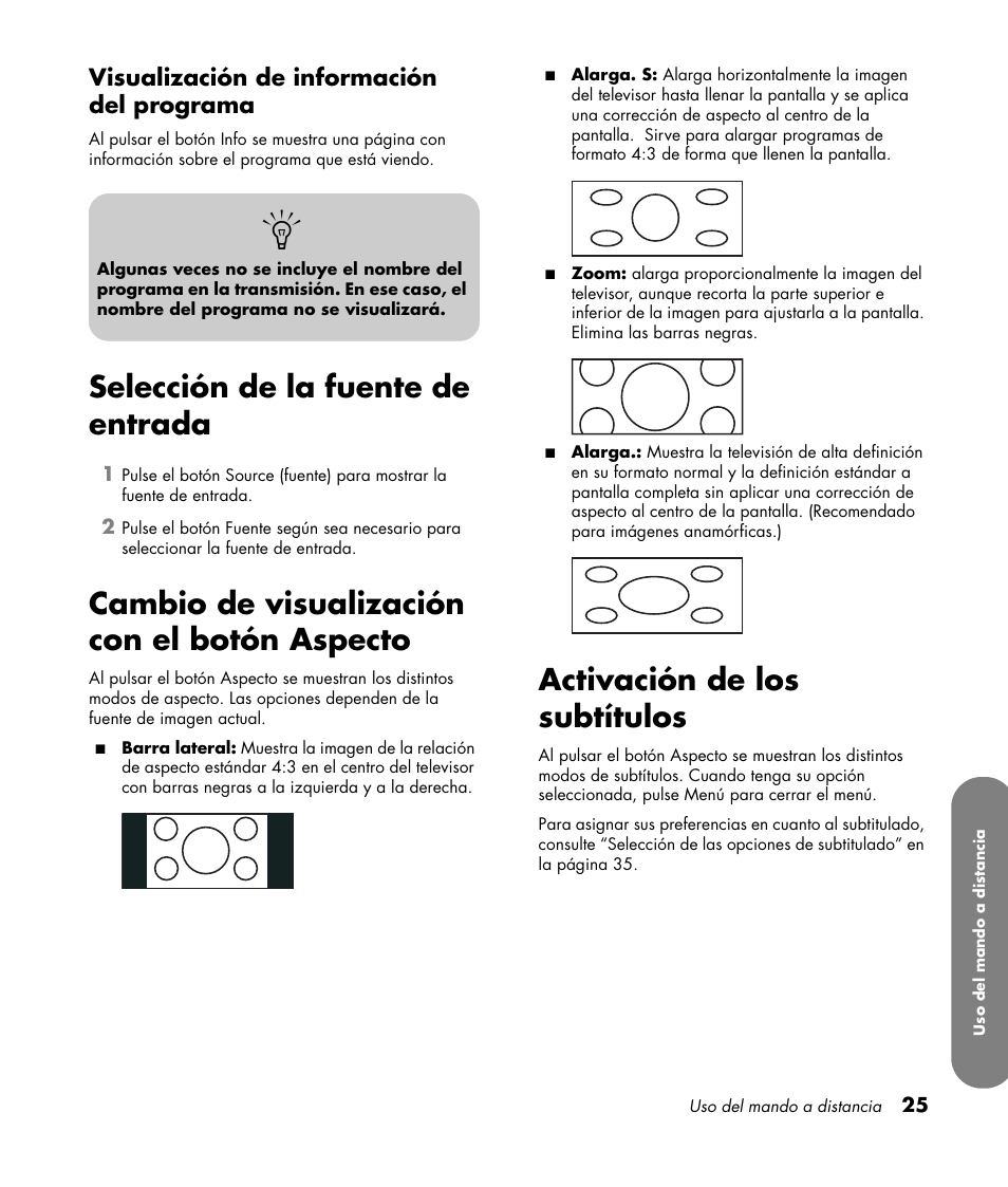 Visualización de información del programa, Selección de la fuente de entrada, Cambio de visualización con el botón aspecto | Activación de los subtítulos | HP LC3760N User Manual | Page 159 / 186