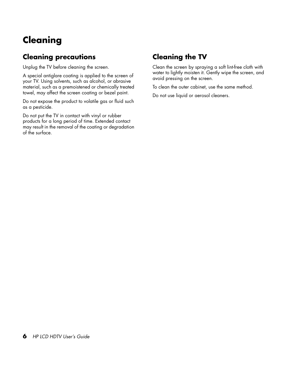 Cleaning, Cleaning precautions, Cleaning the tv | Cleaning precautions cleaning the tv | HP LC3760N User Manual | Page 16 / 186