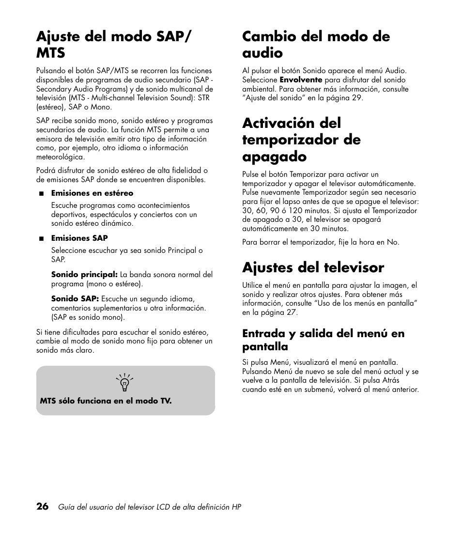 Ajuste del modo sap/ mts, Cambio del modo de audio, Activación del temporizador de apagado | Ajustes del televisor, Entrada y salida del menú en pantalla | HP LC3760N User Manual | Page 160 / 186