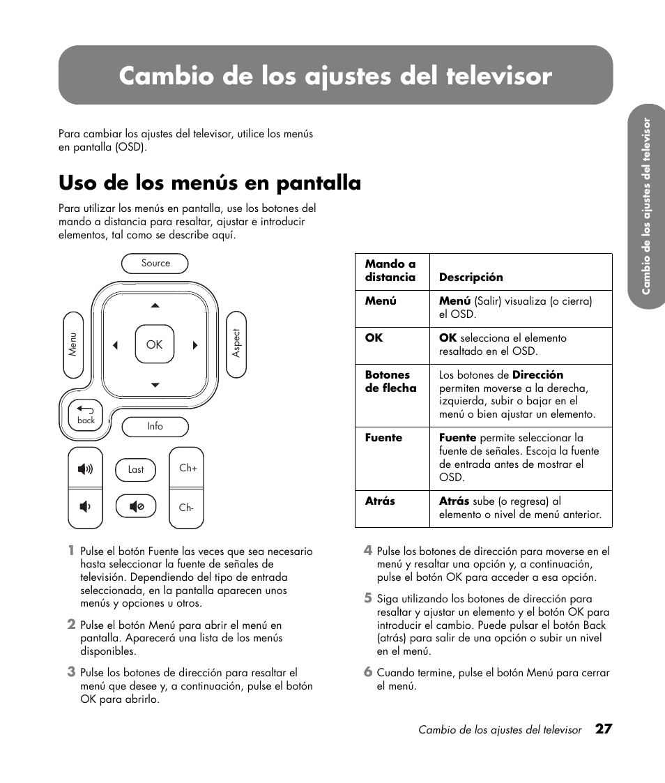 Cambio de los ajustes del televisor, Uso de los menús en pantalla | HP LC3760N User Manual | Page 161 / 186