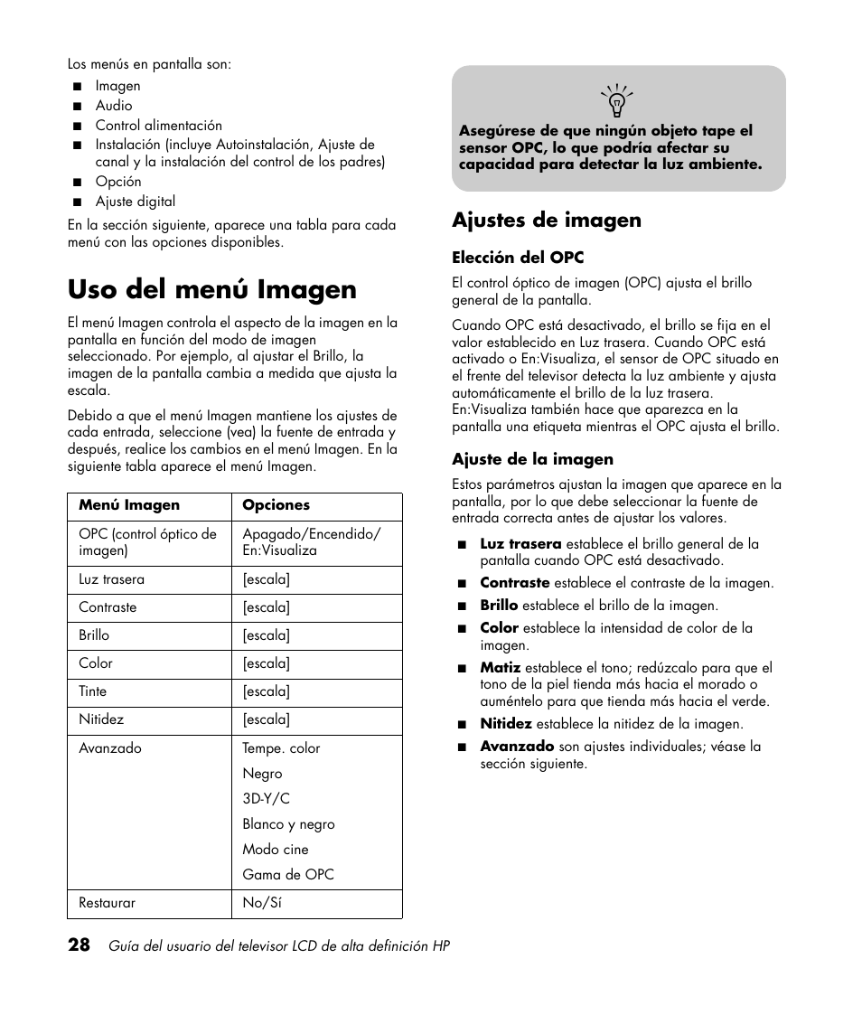 Uso del menú imagen, Ajustes de imagen | HP LC3760N User Manual | Page 162 / 186