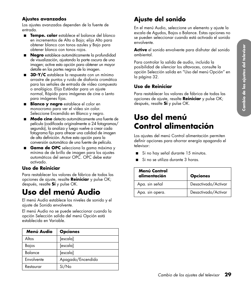 Uso del menú audio, Ajuste del sonido, Uso del menú control alimentación | HP LC3760N User Manual | Page 163 / 186