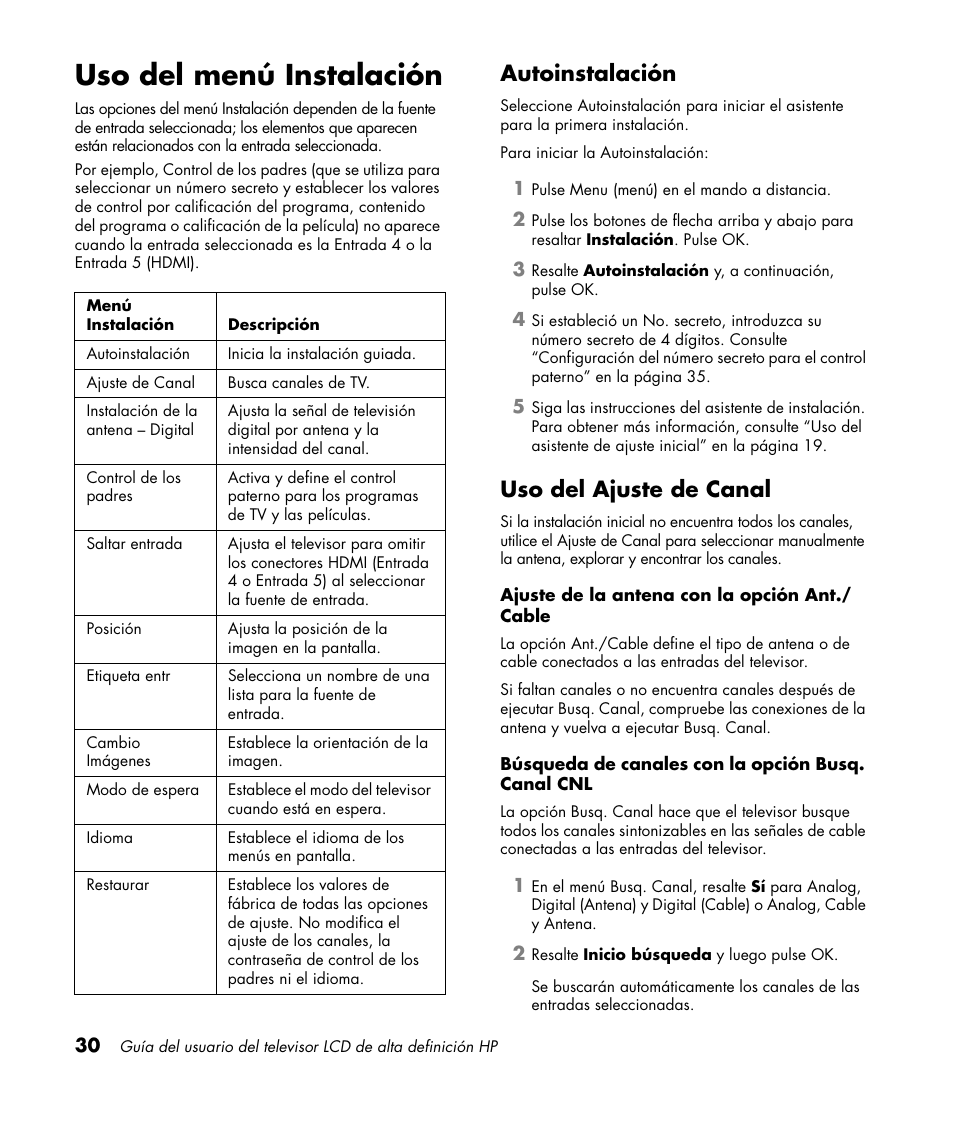 Uso del menú instalación, Autoinstalación, Uso del ajuste de canal | Autoinstalación uso del ajuste de canal | HP LC3760N User Manual | Page 164 / 186