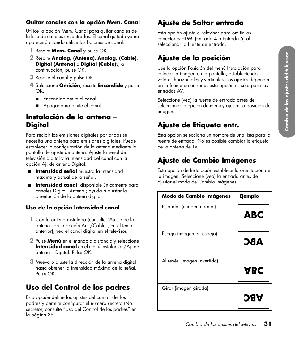 Instalación de la antena - digital, Uso del control de los padres, Ajuste de saltar entrada | Ajuste de la posición, Ajuste de etiqueta entr, Ajuste de cambio imágenes, Instalación de la antena – digital | HP LC3760N User Manual | Page 165 / 186