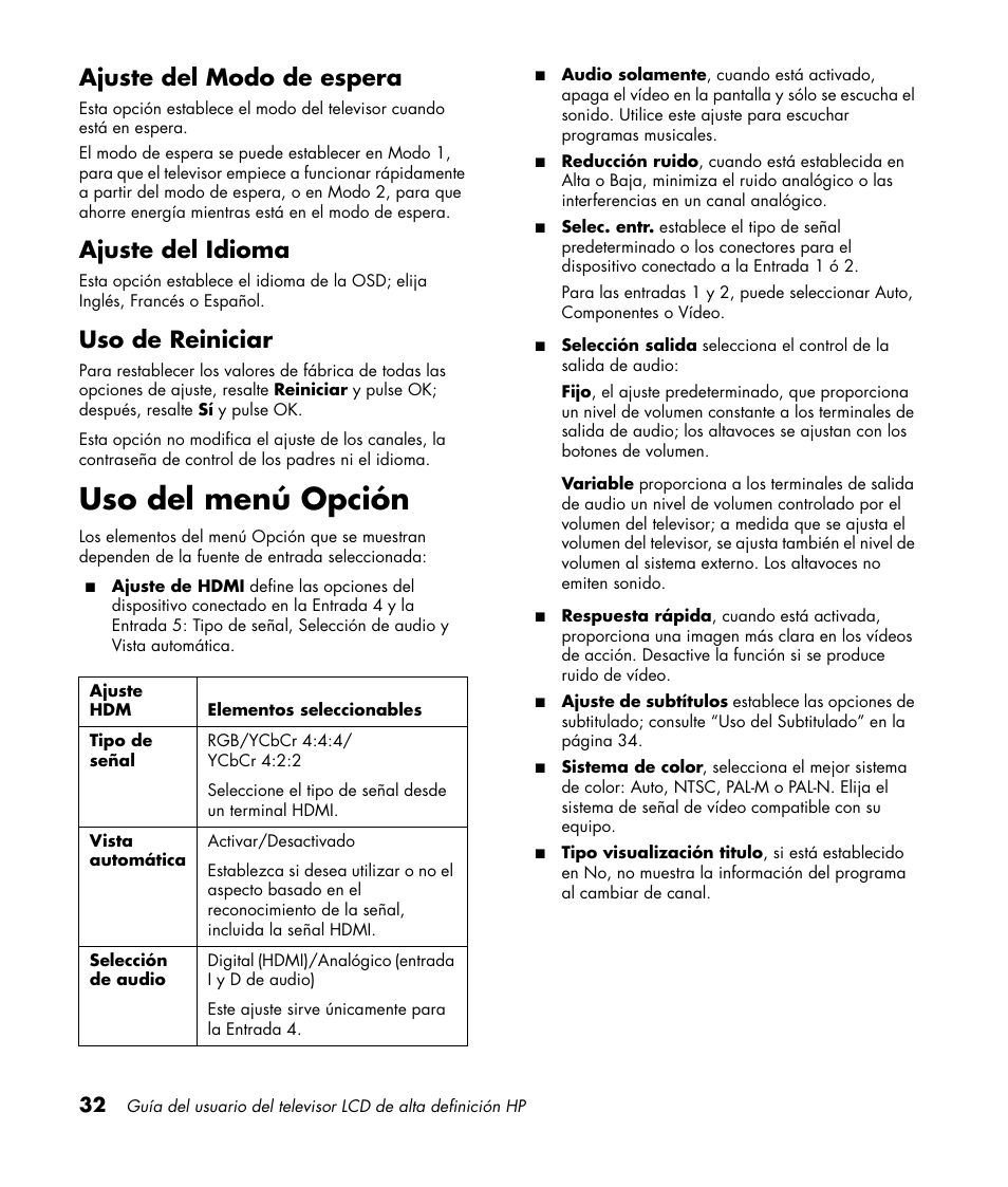 Ajuste del modo de espera, Ajuste del idioma, Uso de reiniciar | Uso del menú opción | HP LC3760N User Manual | Page 166 / 186