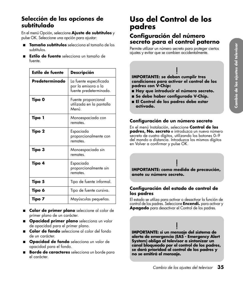 Selección de las opciones de subtitulado, Uso del control de los padres | HP LC3760N User Manual | Page 169 / 186