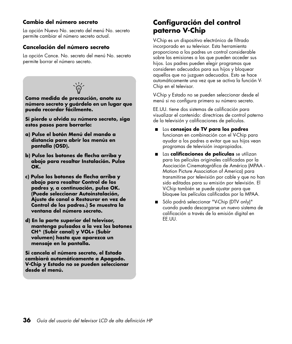 Configuración del control paterno v-chip | HP LC3760N User Manual | Page 170 / 186