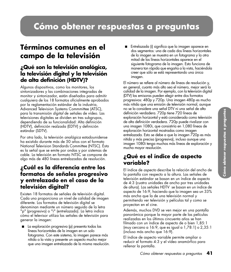 Cómo obtener respuestas a preguntas, Términos comunes en el campo de la televisión, Qué es el índice de aspecto variable | HP LC3760N User Manual | Page 175 / 186