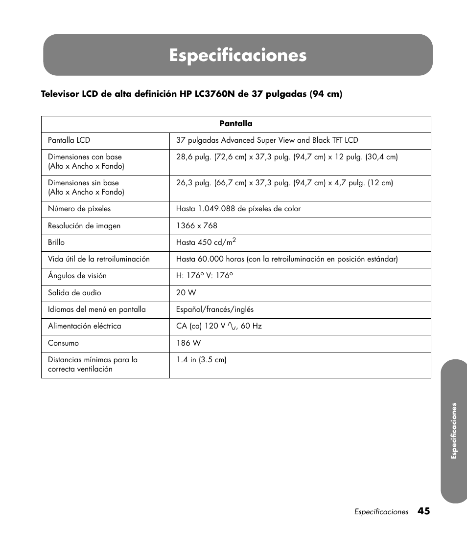 Especificaciones | HP LC3760N User Manual | Page 179 / 186