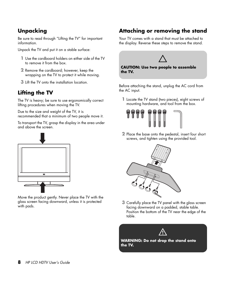 Unpacking, Lifting the tv, Attaching or removing the stand | HP LC3760N User Manual | Page 18 / 186