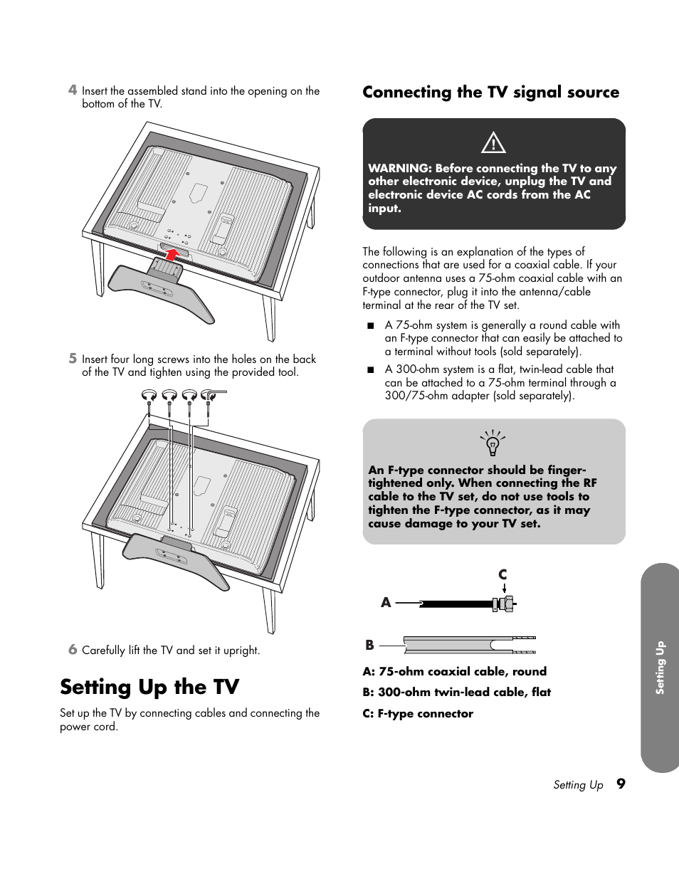 Setting up the tv, Connecting the tv signal source | HP LC3760N User Manual | Page 19 / 186