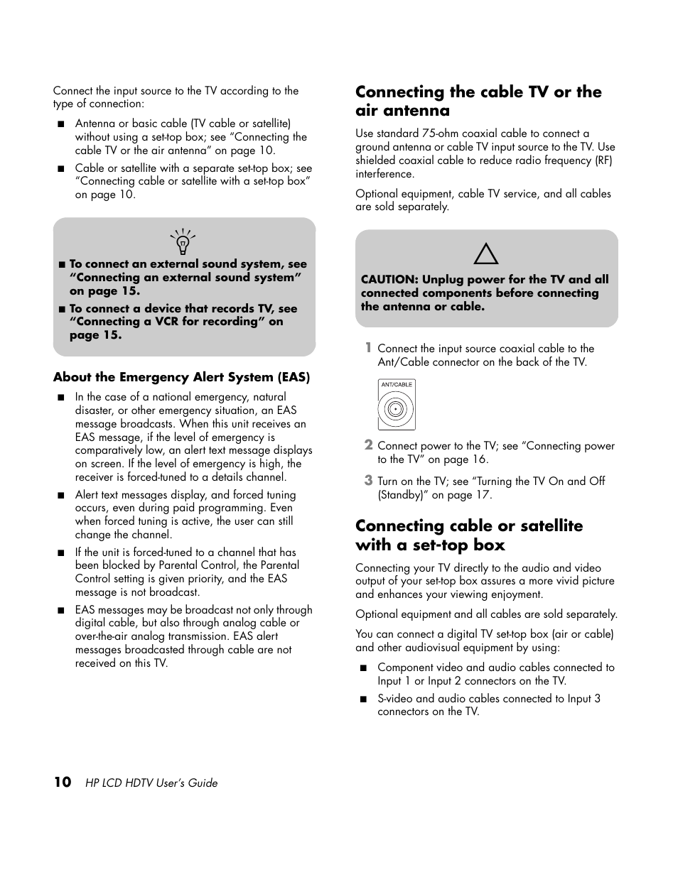 Connecting the cable tv or the air antenna, Connecting cable or satellite with a set-top box | HP LC3760N User Manual | Page 20 / 186