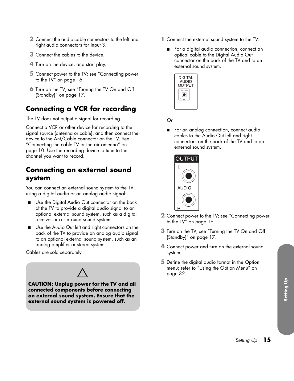 Connecting a vcr for recording, Connecting an external sound system | HP LC3760N User Manual | Page 25 / 186