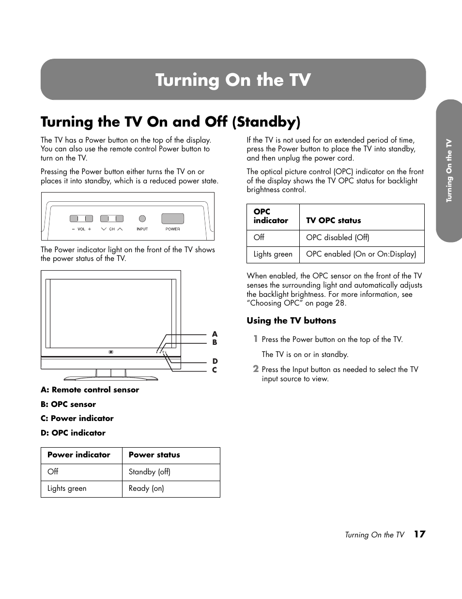 Turning on the tv, Turning the tv on and off (standby) | HP LC3760N User Manual | Page 27 / 186