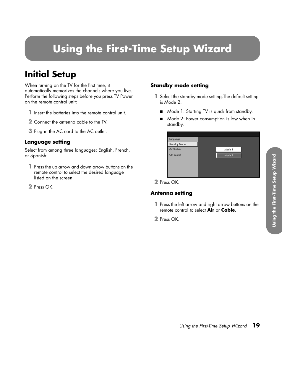 Using the first-time setup wizard, Initial setup | HP LC3760N User Manual | Page 29 / 186