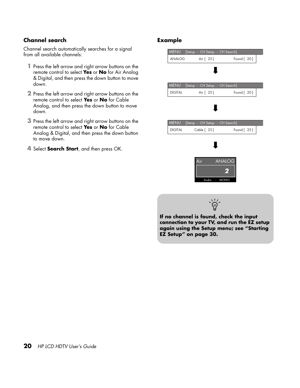 Channel search, Example | HP LC3760N User Manual | Page 30 / 186