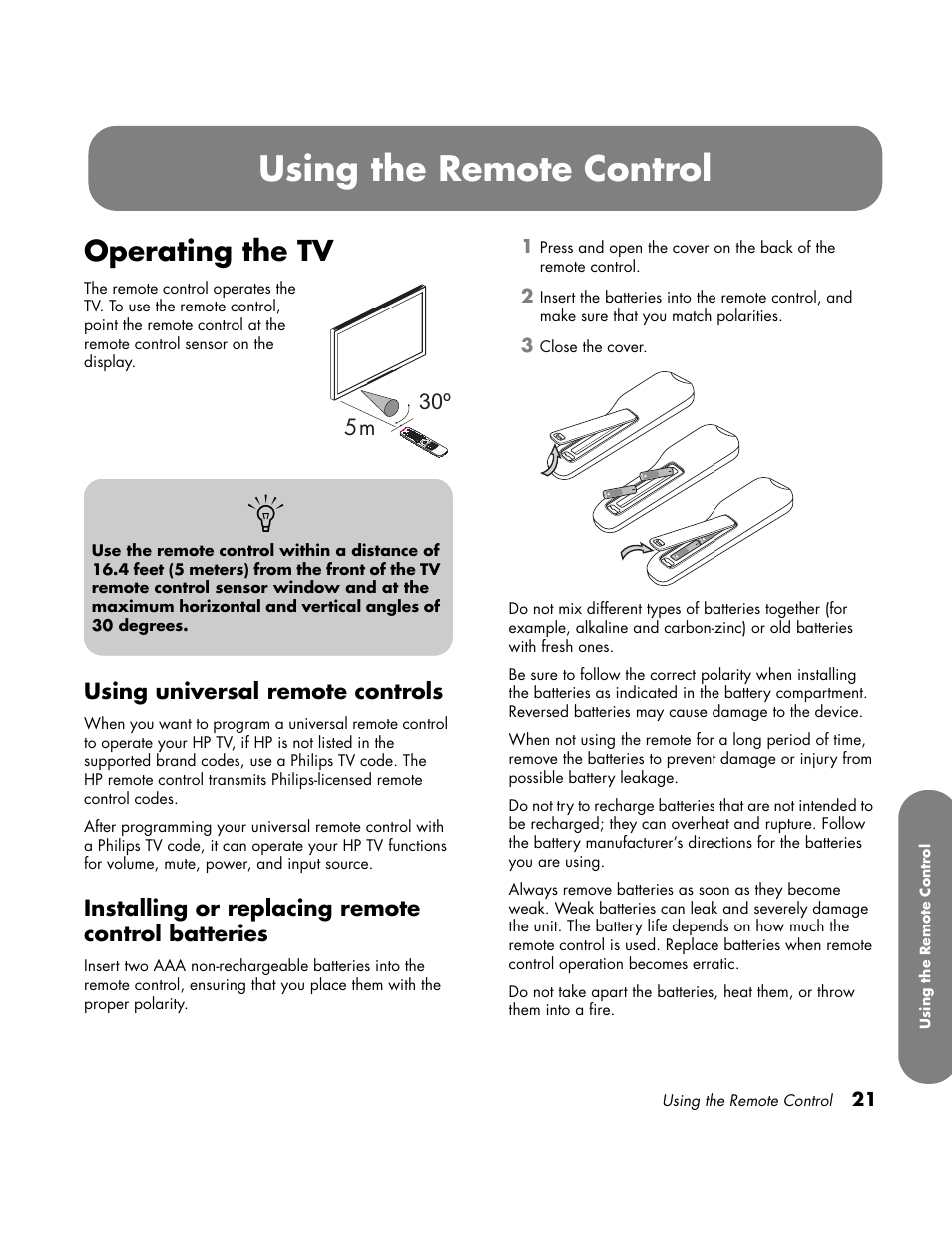 Using the remote control, Operating the tv, Using universal remote controls | Installing or replacing remote control batteries | HP LC3760N User Manual | Page 31 / 186