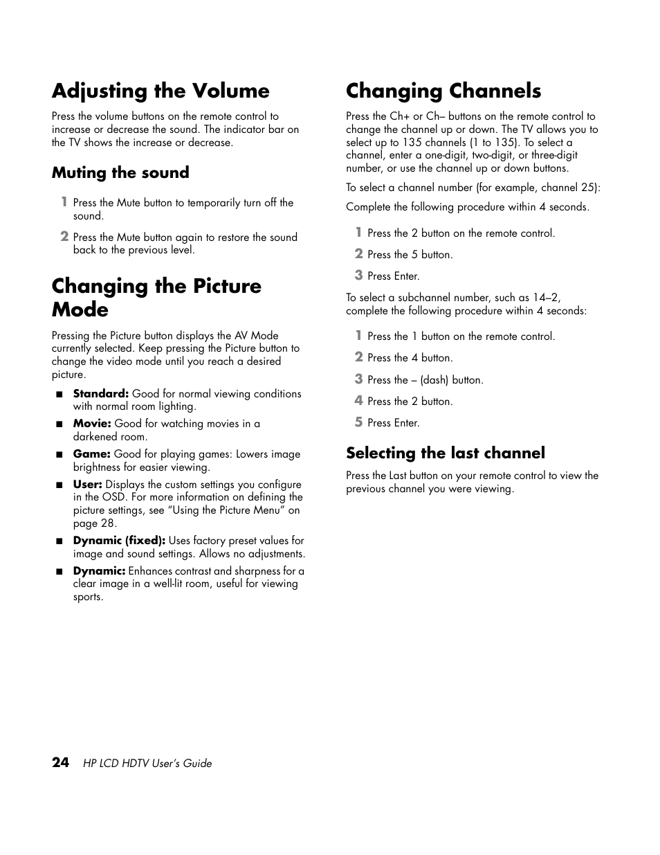 Adjusting the volume, Muting the sound, Changing the picture mode | Changing channels, Selecting the last channel, Changing the picture mode changing channels | HP LC3760N User Manual | Page 34 / 186