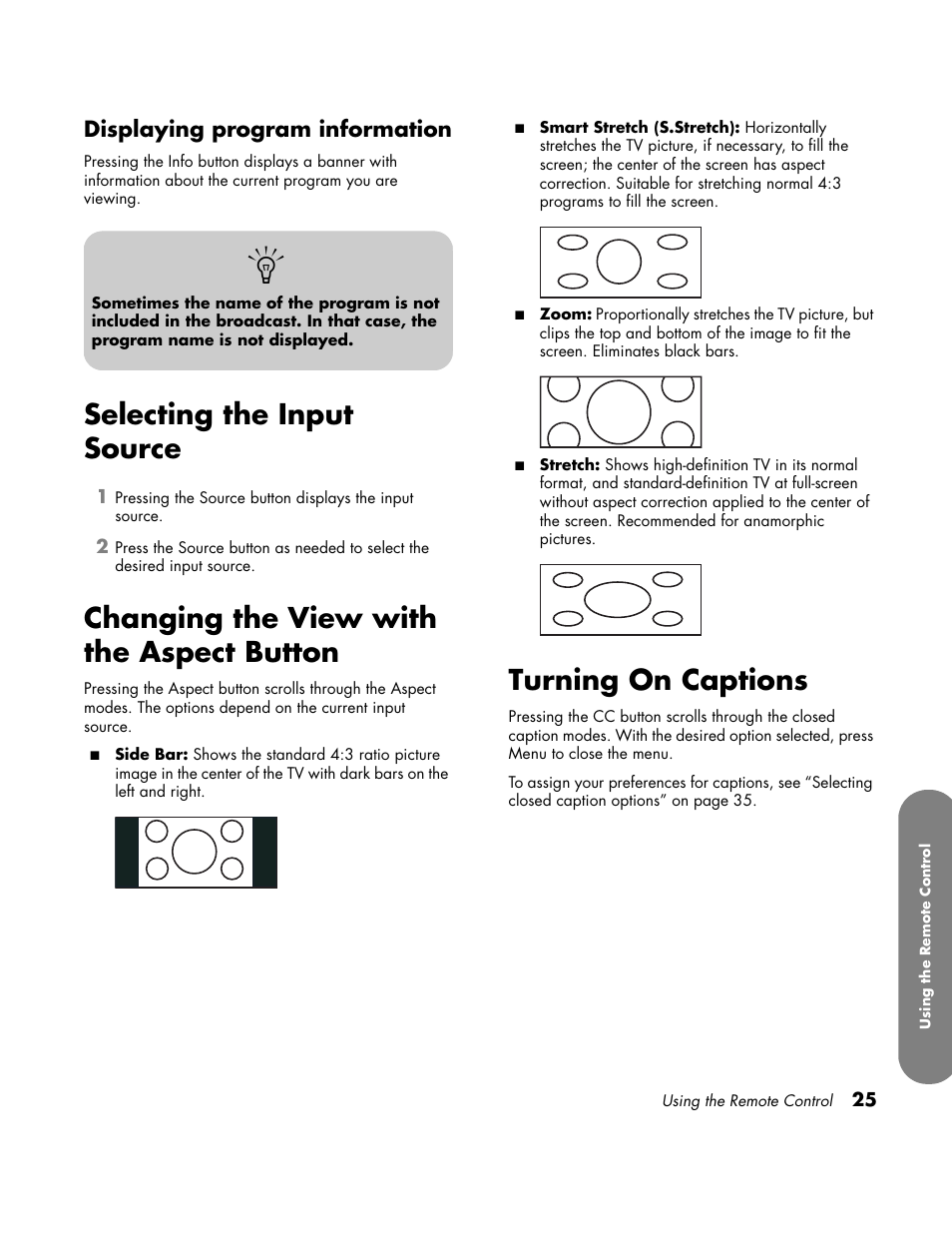 Displaying program information, Selecting the input source, Changing the view with the aspect button | Turning on captions | HP LC3760N User Manual | Page 35 / 186