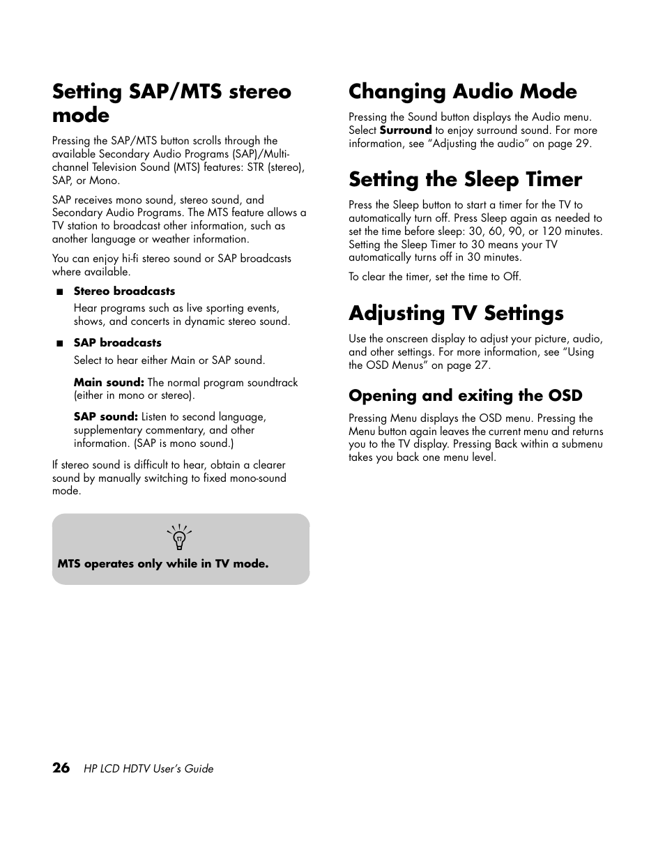 Setting sap/mts stereo mode, Changing audio mode, Setting the sleep timer | Adjusting tv settings, Opening and exiting the osd | HP LC3760N User Manual | Page 36 / 186