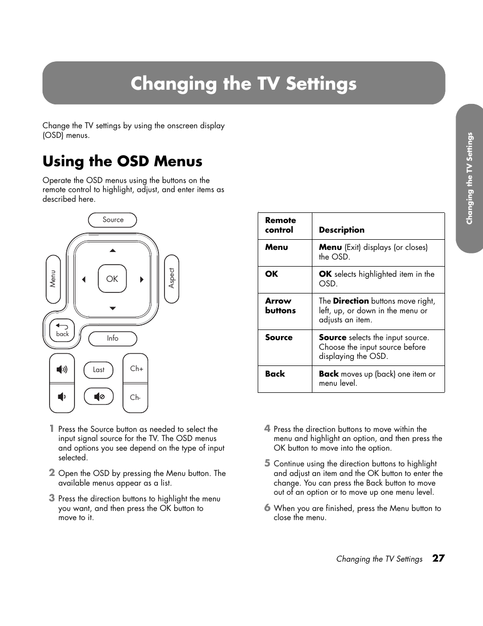 Changing the tv settings, Using the osd menus | HP LC3760N User Manual | Page 37 / 186