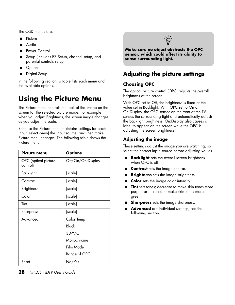 Using the picture menu, Adjusting the picture settings | HP LC3760N User Manual | Page 38 / 186