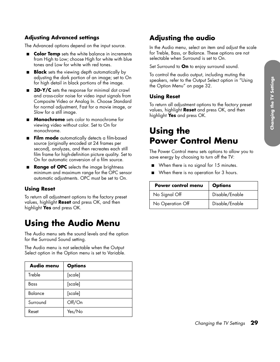 Using the audio menu, Adjusting the audio, Using the power control menu | HP LC3760N User Manual | Page 39 / 186