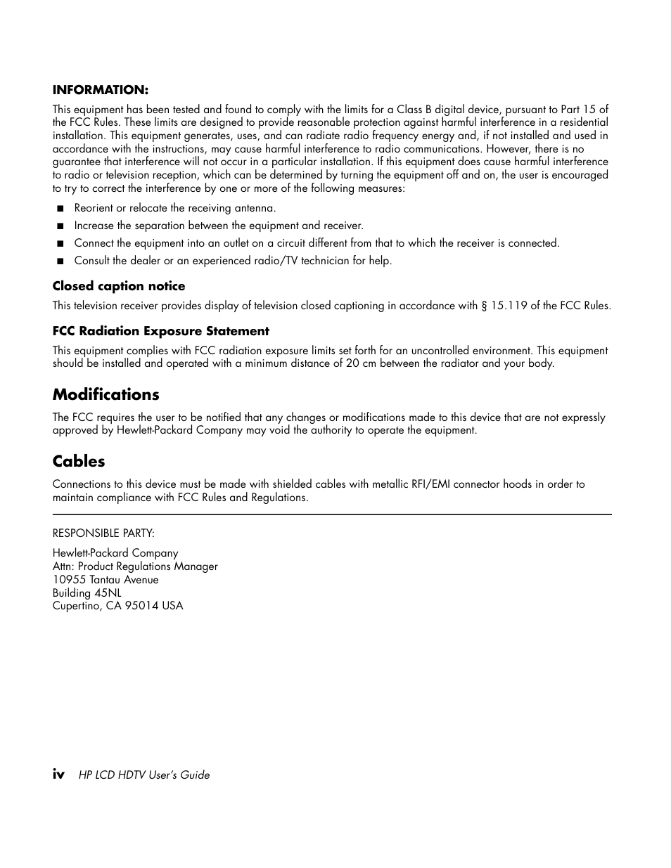 Modifications, Cables | HP LC3760N User Manual | Page 4 / 186