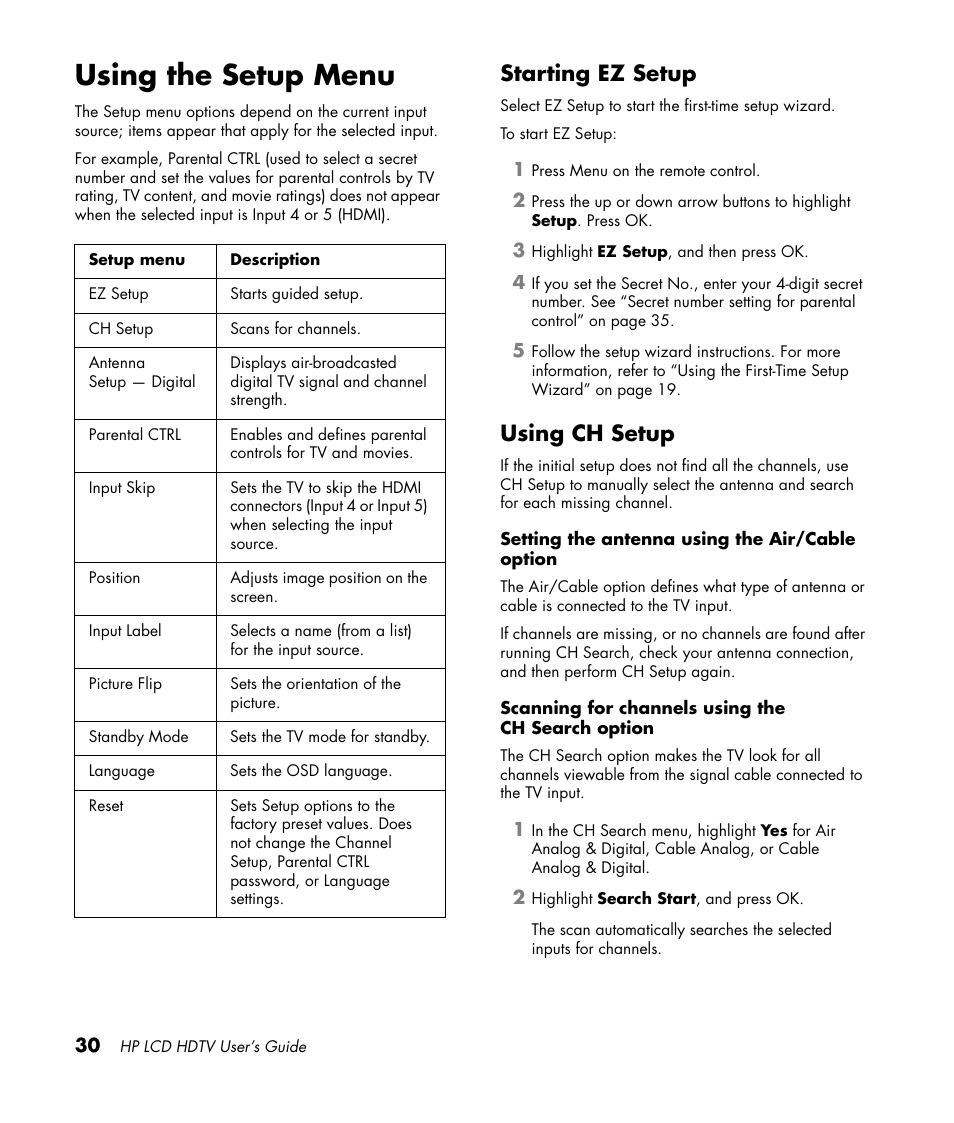 Using the setup menu, Starting ez setup, Using ch setup | Starting ez setup using ch setup | HP LC3760N User Manual | Page 40 / 186