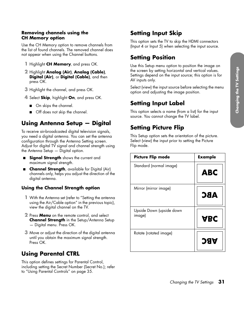 Using antenna setup - digital, Using parental ctrl, Setting input skip | Setting position, Setting input label, Setting picture flip, Using antenna setup — digital | HP LC3760N User Manual | Page 41 / 186