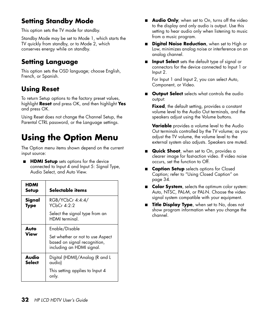 Setting standby mode, Setting language, Using reset | Using the option menu, Setting standby mode setting language using reset | HP LC3760N User Manual | Page 42 / 186