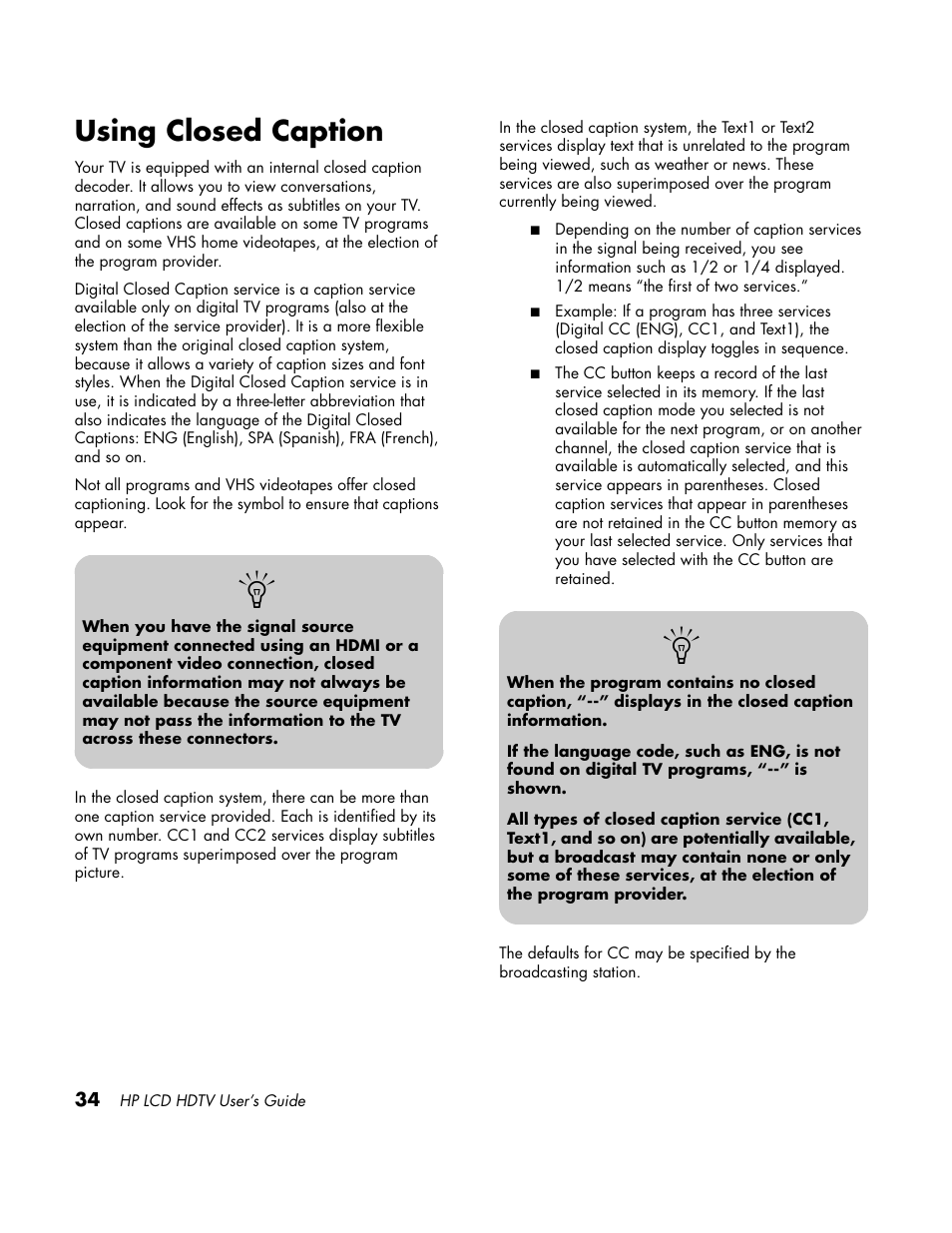 Using closed caption | HP LC3760N User Manual | Page 44 / 186