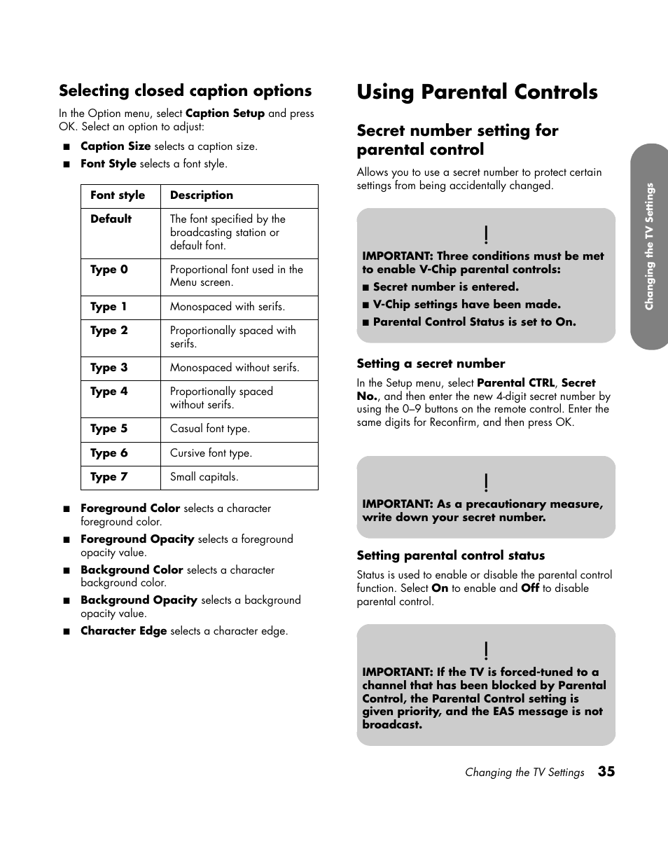 Selecting closed caption options, Using parental controls, Secret number setting for parental control | HP LC3760N User Manual | Page 45 / 186