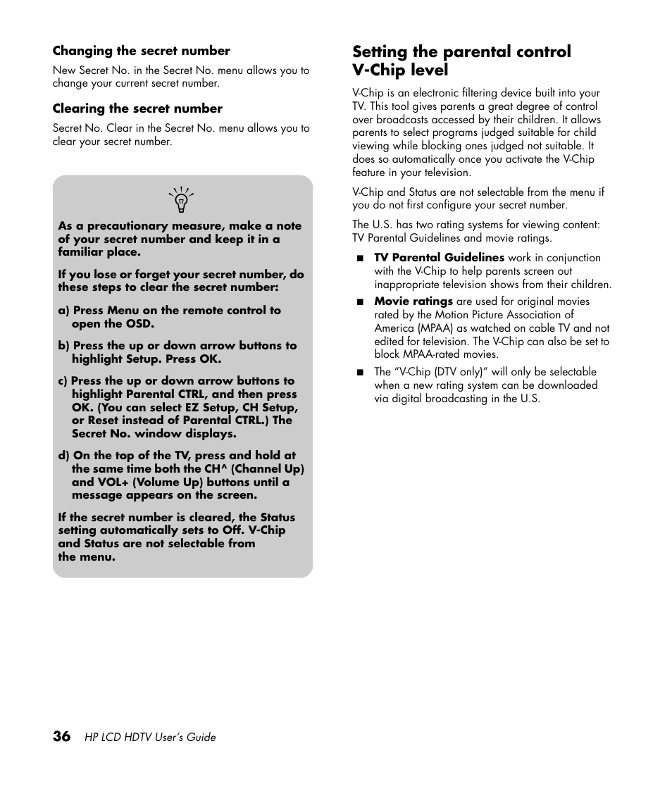 Setting the parental control v-chip level | HP LC3760N User Manual | Page 46 / 186