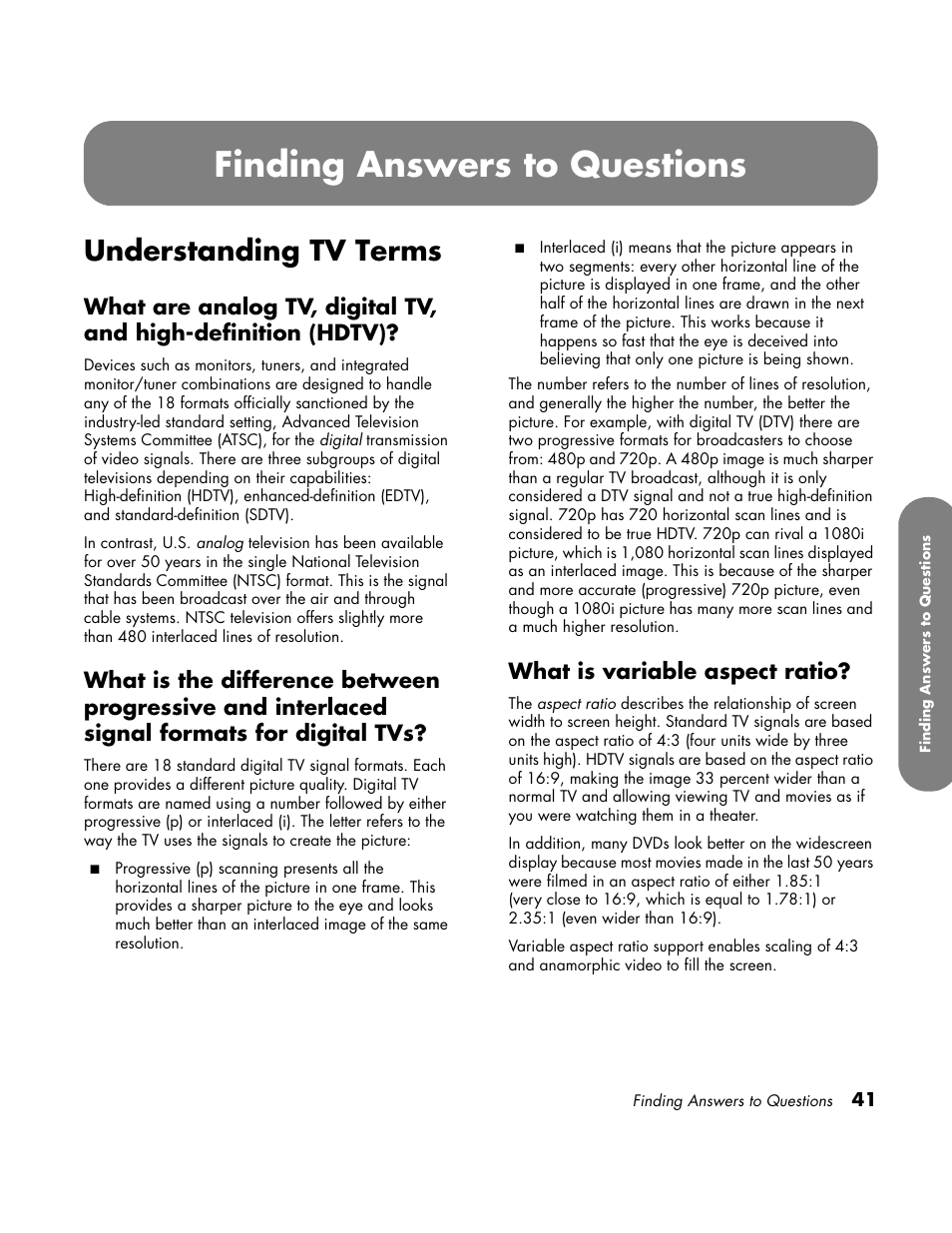 Finding answers to questions, Understanding tv terms, What is variable aspect ratio | HP LC3760N User Manual | Page 51 / 186