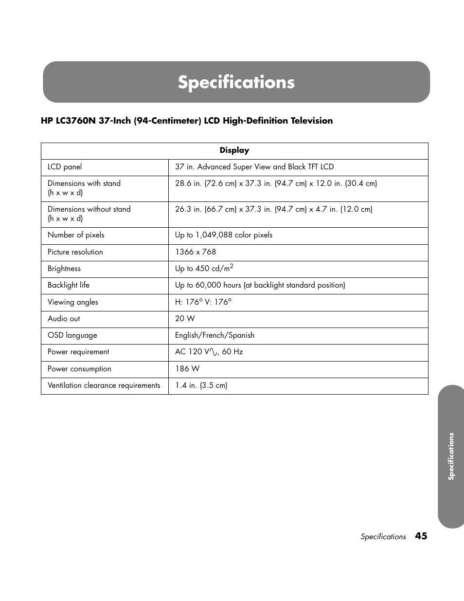 Specifications | HP LC3760N User Manual | Page 55 / 186