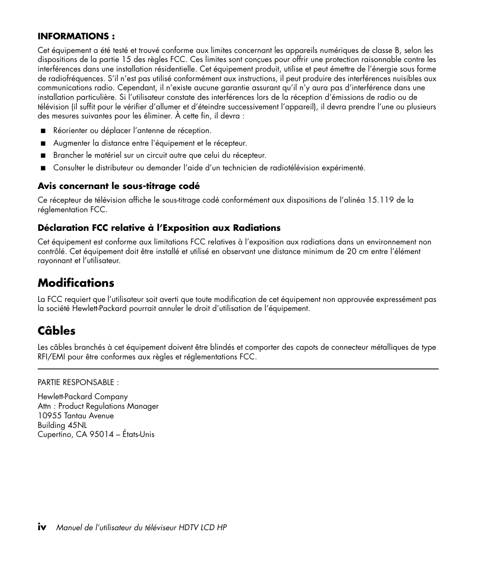 Modifications, Câbles | HP LC3760N User Manual | Page 66 / 186