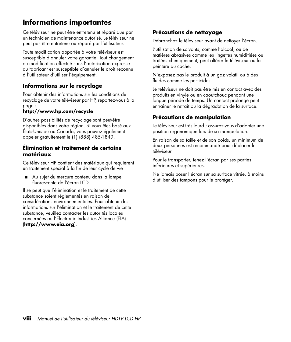 Informations importantes | HP LC3760N User Manual | Page 70 / 186