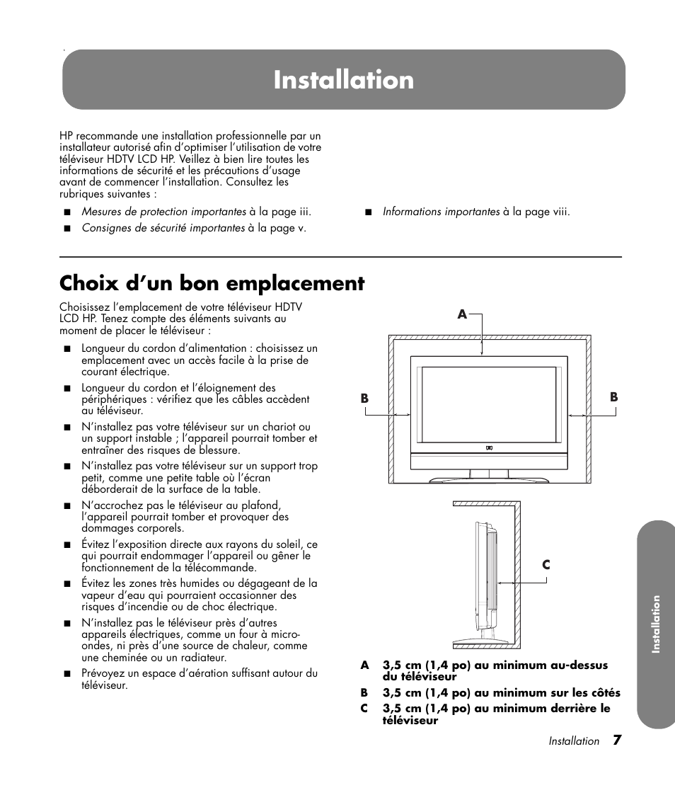 Installation, Choix d’un bon emplacement | HP LC3760N User Manual | Page 79 / 186