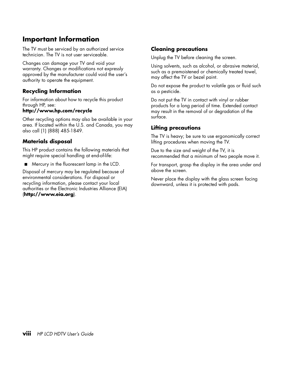 Important information | HP LC3760N User Manual | Page 8 / 186