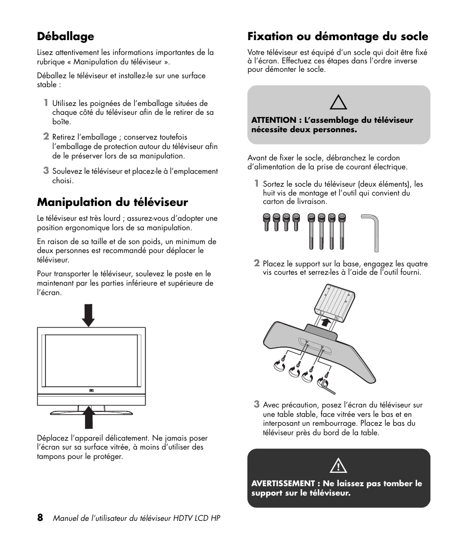 Déballage, Manipulation du téléviseur, Fixation ou démontage du socle | HP LC3760N User Manual | Page 80 / 186