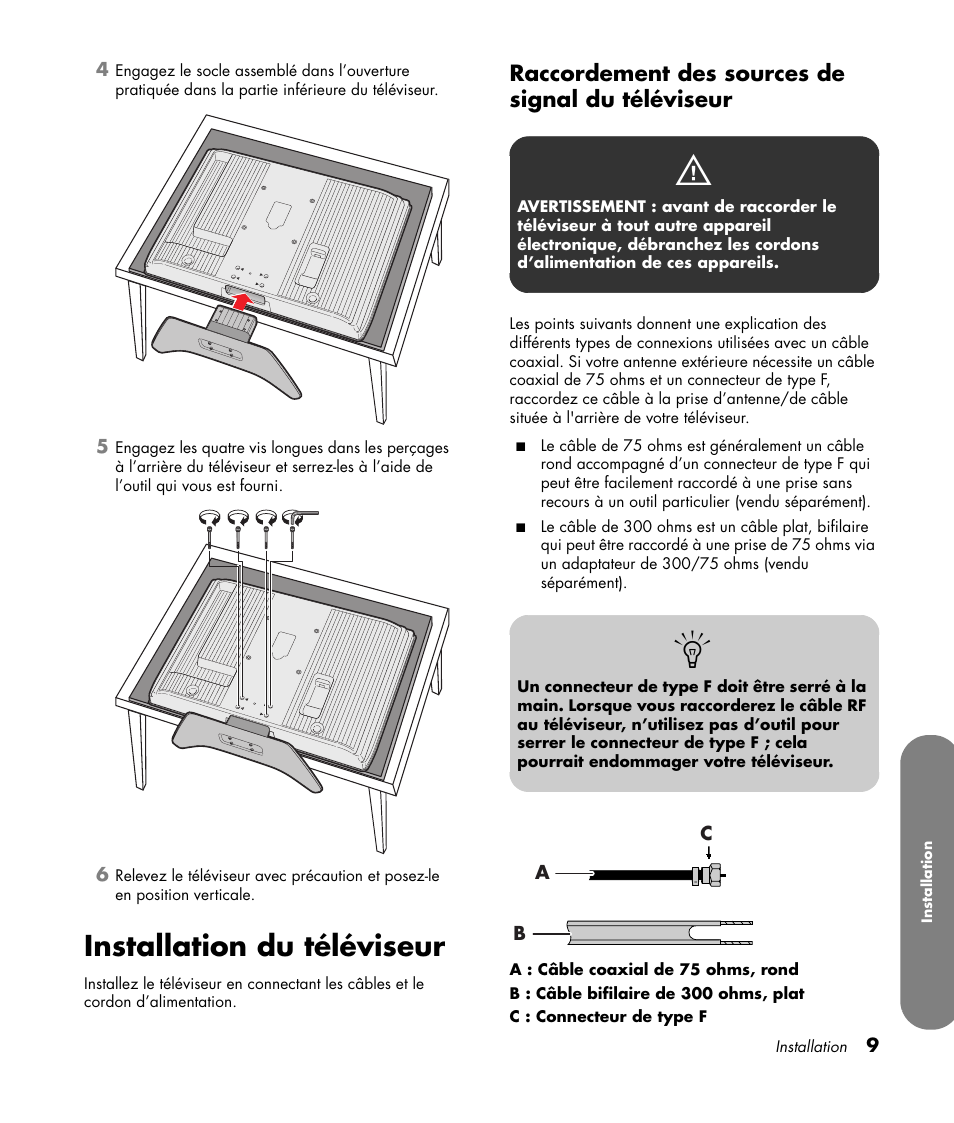 Installation du téléviseur, Raccordement des sources de signal du téléviseur | HP LC3760N User Manual | Page 81 / 186